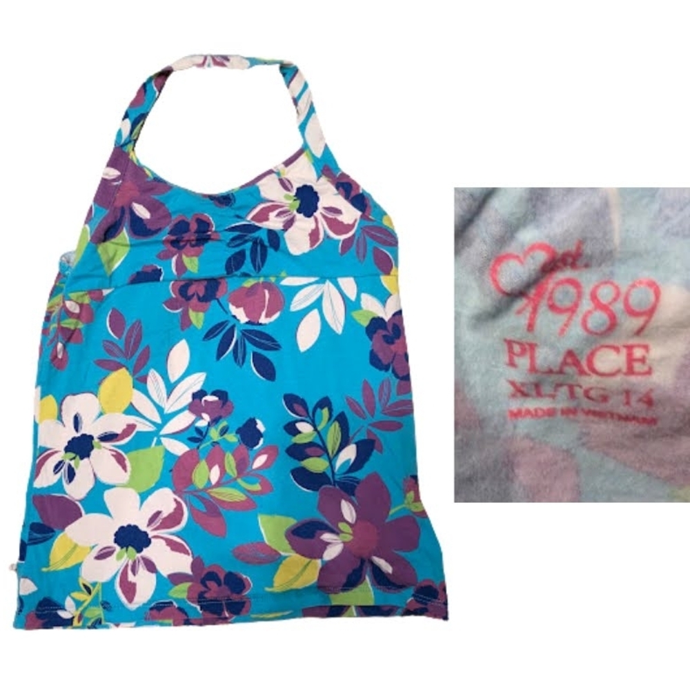 1989 Place Blue and Purple Floral Halter Top